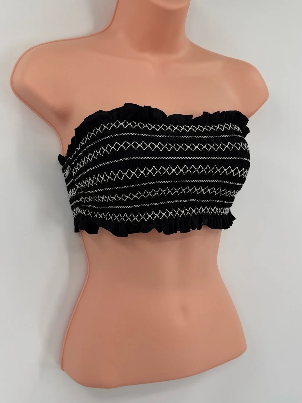 Tory Burch Costa Smocked Bandeau Bikini Top | Black New Ivory | Small